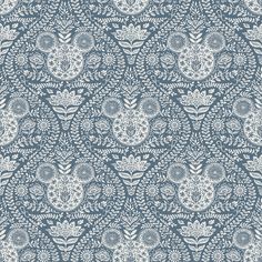 a blue and white wallpaper with an intricate design