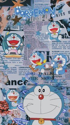 the cartoon character dora is surrounded by many different stickers and logos on newspaper paper