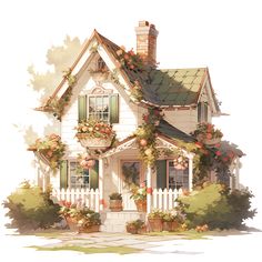 Cozy Cottage with Flowers and Green Roof: Rustic and Cottagecore Sticker Cottage With Flowers, Bloxburg Cottage, Casa Fantasy, Cottagecore House, Sims 4 House Design, Cottage Exterior, Casas The Sims 4, Sims House Plans, Cute Cottage