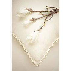 a piece of white fabric with flowers on it's side and an embroidered edge