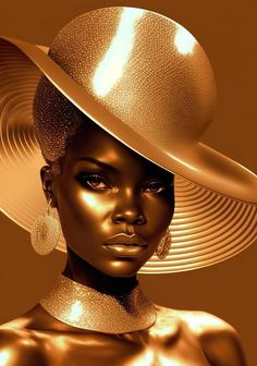 a woman wearing a gold hat with large hoop earrings on her head and an orange background