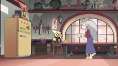 an animated woman standing in a kitchen with lots of clutter on the counter top