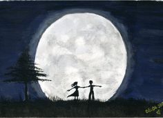 a drawing of two people holding hands in front of a full moon with trees and grass