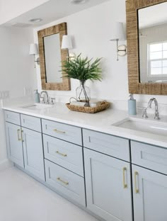 a bathroom with two sinks, mirrors and a plant in a basket on the counter