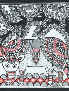 a drawing of two cows under a tree with red and black designs on it's face