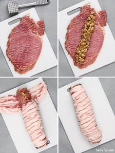 four pictures showing how to cut the meat into strips and place it on a cutting board