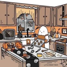 a kitchen filled with lots of clutter and cooking utensils