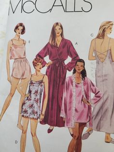 Robe in 2 lengths has dropped shoulders. Robe A has separate front and sleeve bands; robe B has lace trimmed front, neck and sleeve edges; pullover nightgown C, D in 2 lengths and camisole E have bust darts and spaghetti straps; nightgowns feature criss- cross strap detail pull-on shorts and curved hem have elastic through fold back waist casing. Size Extra Small, Small, and Medium  Bust 30-1/2....32-1/2....36 Waist 23....25.... 28 Hip 32-1/234-1/2...38 Back waist length 15-1/2....16 16-1/2 All Nightgown Pattern, Burda Sewing Patterns, Plus Size Sewing Patterns, Women's Sewing Pattern, Tap Pants, Sewing Lingerie, Vogue Sewing, Sewing Design, Fashion Sewing Pattern