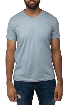 A classic addition to your year-round wardrobe, this V-neck T-shirt is cut from a soft and stretchy cotton blend that feels breezy and light. 28" length (size Medium) V-neck Short sleeves 95% cotton, 5% spandex Machine wash, tumble dry Imported Casual Light Blue V-neck T-shirt, Comfortable Gray V-neck T-shirt, Light Blue Cotton V-neck T-shirt, Basic Blue V-neck T-shirt, Blue Cotton V-neck T-shirt, Workout At Gym, Round Wardrobe, V Neck T Shirts, Slate Blue