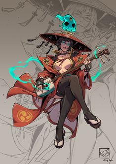 a drawing of a woman with a skull on her head holding a guitar and wearing a hat