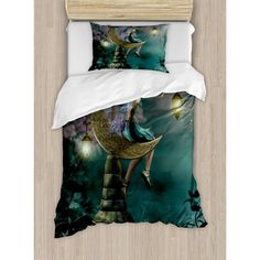 an image of a bed set with mermaids and lights on the night time scene