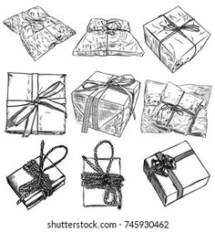 hand drawn gift boxes with ribbons and bows on white background, set of six different sizes