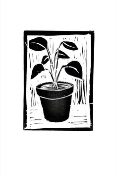 a black and white drawing of a potted plant