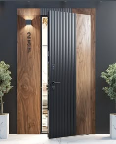 the front door is made of wood and has two planters on either side of it