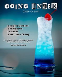 the poster for going under deep ocean featuring a blue curaco, 2x honolici, 1oz rum and maraschno cherry