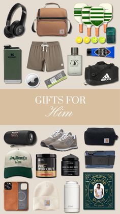 various items that are on display with the words gifts for him written in white above them