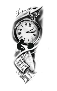 a black and white drawing of a clock with the name jasmyn on it