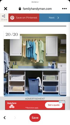 the homepage for an appliance store with clothes hanging on hooks and drawers