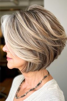 Inverted Bob with Highlights Hairstyle For Older Women. Inverted Layered Bob Hairstyles, Inverted Bob With Highlights, Angled Bob Haircuts 2024, 2024 Short Hair Trends For Women, Haircuts For 60 Year Old Women Long Bobs, Inverted Hairstyles, Hair For Older Women, Hairstyles For Women Over 50 In 2024