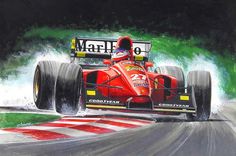 a painting of a racing car driving on a race track