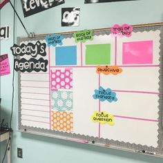 a bulletin board with sticky notes attached to it