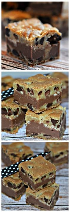 chocolate chip cookie bars are stacked on top of each other and ready to be eaten