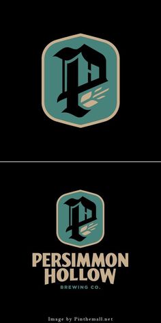 two logos for persimmon hollow brewing, one in blue and the other in green