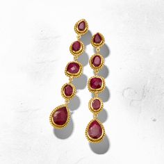 Ross-Simons - 33.05 ct. t. w. Ruby Drop Earrings in 18kt Gold Over Sterling. Stop traffic with the dazzling red hues of these elegant drop earrings. Shimmering multi-shaped rubies totaling 33.05 carats descend in a linear design, framed by twists of 18kt yellow gold over sterling silver. Hanging length is 2 1/2". Post/clutch, ruby drop earrings. Ruby birthstones are the perfect gift for July birthdays. Ruby Drop Earrings, Ruby Birthstone, Linear Design, July Birthday, Ruby, Fine Jewelry, Yellow Gold, Perfect Gift, Drop Earrings