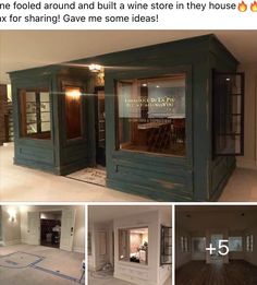 the inside of a house that has been painted teal and is being advertised for sale