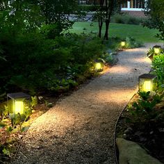 a pathway lit up with two lights in the middle of it and surrounded by greenery