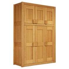 a wooden cabinet with four doors on the front and two drawers on the back, against a white background