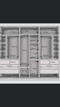 an image of a closet with measurements for the doors and drawers on it's sides