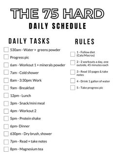 Master the 75 Hard challenge with our daily schedule guide! Stay disciplined with workouts, reading, diet, and more. Achieve mental toughness and transform your life. Are you up for the challenge? 🏋️‍♂️📚🥗 #75HardChallenge #DailyRoutine #SelfImprovement The 75 Hard Challenge, Diet For 75 Hard Challenge, Diets For 75 Hard, 70 Days Hard Challenge, 75 Hard Challenge Diet Plan, 75 Hard Meal Plan