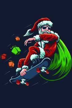 santa claus riding a skateboard in the air