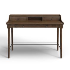 a wooden desk with two drawers on one side and an open drawer on the other