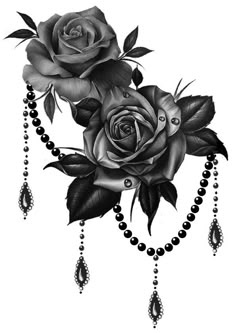 black and white drawing of two roses on a beaded necklace with beads hanging from it