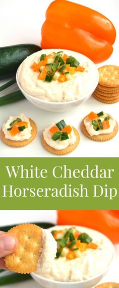 white cheddar horseradish dip with crackers and carrots