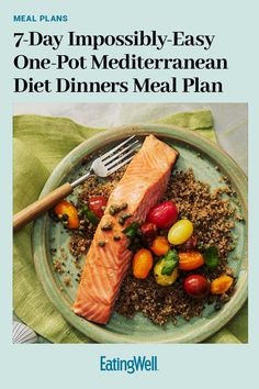 a plate with salmon, tomatoes and other vegetables on it that says 7 day impposily - easy one pot mediterranean diet dinners meal plan