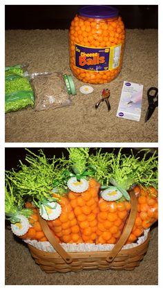 two pictures show carrots in a basket and an open jar of carrots on the floor