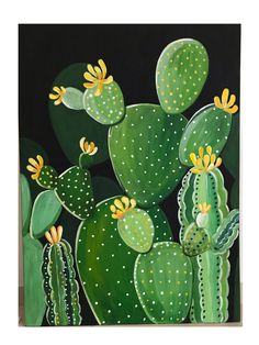 a painting of green cactuses with yellow flowers