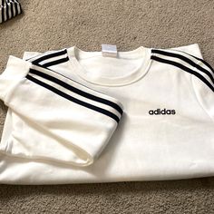 Nwot Adidas Crewneck Sweatshirt. White T-shirt With Ribbed Cuffs For Spring, White Winter Sweatshirt With Three Stripes Branding, Winter White Sweatshirt With Three Stripes Branding, White Long Sleeve Sweatshirt With Three Stripes, Casual White Sweatshirt With Three Stripes Branding, Fall Crew Neck Top With Three Stripes, Adidas White Sweatshirt For Spring, White Adidas Sweatshirt For Spring, White Adidas Sporty Sweatshirt