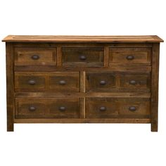 an old wooden dresser with many drawers on the top and bottom, against a white background