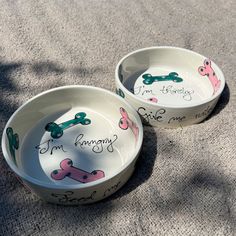 two dog bowls with their names painted on them