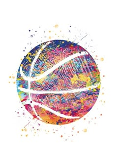 a watercolor painting of a basketball ball with splatters on the side and white background