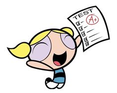 a cartoon girl holding up a test paper with the word'test 4'written on it