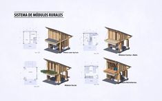 four different types of small wooden buildings