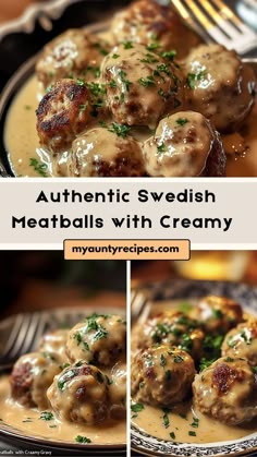 some meatballs covered in gravy on top of a plate with a fork