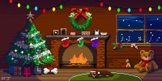 an old - fashioned christmas scene with a fireplace and decorated christmas tree in the living room