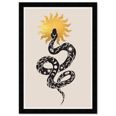 a black and white snake with sun in the background