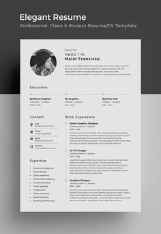 a clean and modern resume template with an image on the front, in black and white